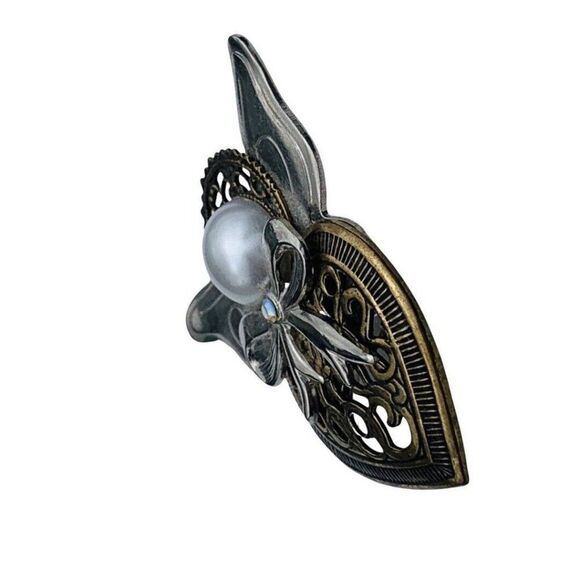 Vintage Silver Gold Tone Faux White Pearl Rhinestone Paisley Heart Angel Brooch - Picture 4 of 6